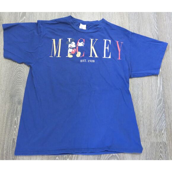 DISNEY MICKEY MOUSE Spell Out Retro T Shirt Size L Short Sleeve Blue Casual - Picture 1 of 7